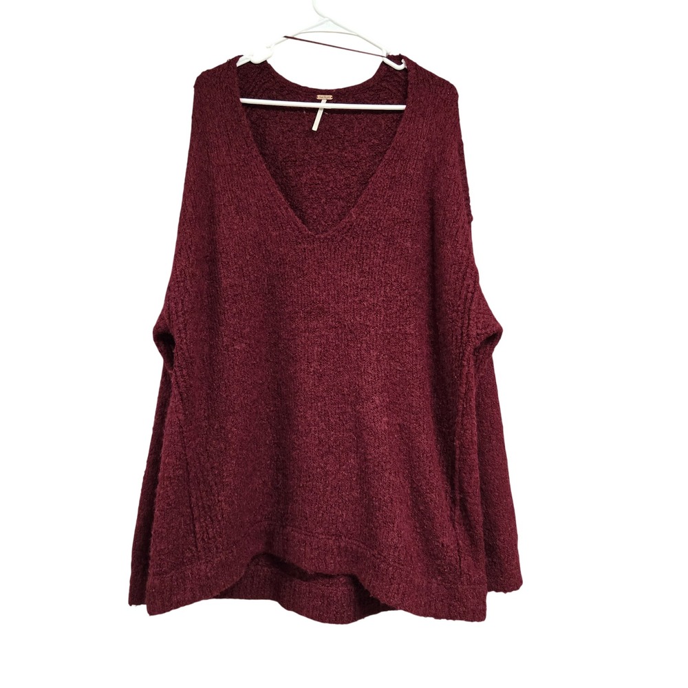 Free People Alpaca Blend Oversized V-Neck Knit Sweater Burgundy Womens Size M